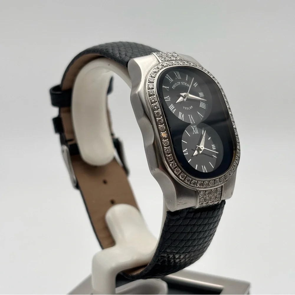 Philip Stein Teslar Dual Time Diamond Bezel Watch 45mm Lizard Strap - Picture 2 of 10